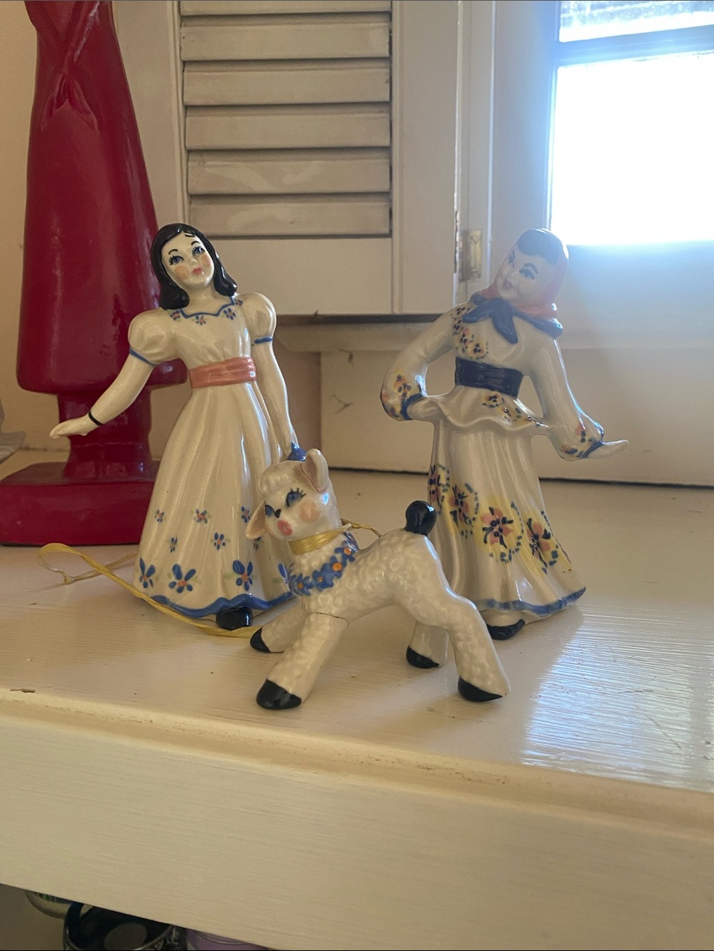 Vintage Ceramic Girl and Lamb Figurines - White with Blue Accents